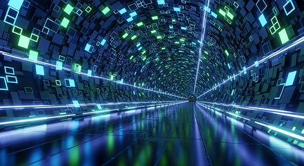 Wall Mural - Dark Tunnel with Geometric Patterns and Neon Light Streaks abstract background