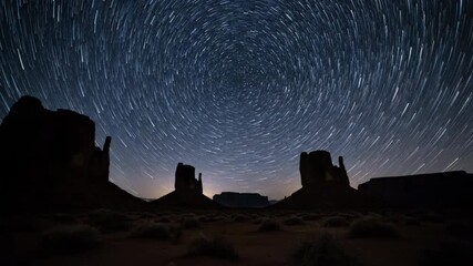 Wall Mural - Hypnotic star trails arc over a vast desert canyon landscape at night, showcasing the Earth's rotation in a stunning timelapse dramatic, arc, nature