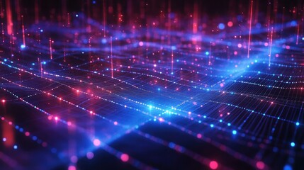 Abstract digital landscape with glowing blue and red lights connected by a grid, creating a futuristic technology-inspired network filled with dynamic energy and depth