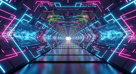 Wall Mural - Futuristic Neon Hexagonal Tunnel with Data Screens image photo
