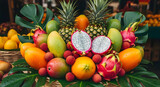 Exotic tropical fruits arrangement, pineapple, mango, dragon fruit, lychee, papaya, vibrant summer flavors