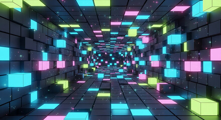 Wall Mural - Neon Cube Tunnel with Glowing Pink Blue and Yellow Lights and Sparkles abstract background