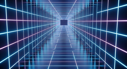 Wall Mural - Neon Grid Tunnel with Blue and Pink Lines and Perspective image photo