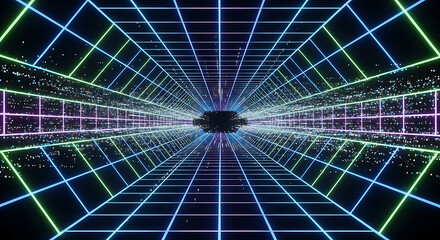 Wall Mural - Neon Grid Tunnel with Starfield and Glowing Particles abstract background