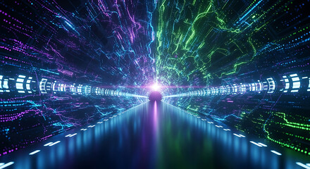 Wall Mural - Vibrant digital tunnel with glowing purple and green particle streams image photo