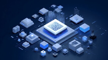 Dynamic abstract digital network architecture showcasing futuristic technology, AI, and data flow with glowing blue circuits and intricate components, representing innovation and connectivity