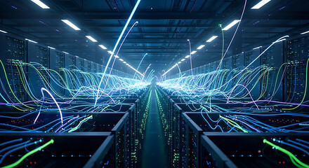 Wall Mural - Data center with server racks and flowing colorful light trails of data server room technology