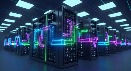 Wall Mural - Data center with server racks and glowing neon circuit lines in blue pink green server room