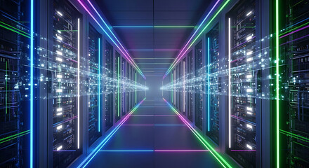 Wall Mural - Futuristic data center hallway with neon lights and digital data streams server room technology