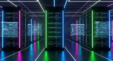 Wall Mural - Futuristic Data Center with Neon Lights and Server Racks server room technology