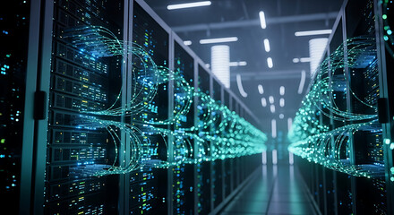 Wall Mural - Server room with glowing green fiber optic cables and data visualization data center technology