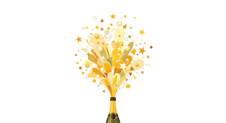 Champagne bottle exploding with golden liquid and confetti celebration, Generative AI.