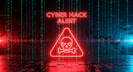 Wall Mural - Cyber Hack Alert with Skull and Crossbones Icon and Binary Code Background warning