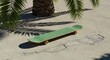 © Candra - Green skateboard rests on cracked concrete under palm tree shadows