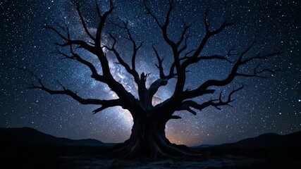 Wall Mural - Cinematic dolly shot slowly approaches an ancient, gnarled tree silhouetted against the brilliant, swirling band of the Milky Way isolated, grand, galaxy