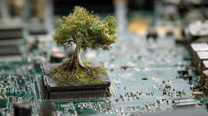 Tree grows from a computer chip, symbolizing technology meeting nature, on circuit board