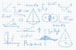 © Alyona - Math symbols blue pencil formulas hand drawn on notebook page background. Sketch symbols mathematical equations, schemes geometry shapes.