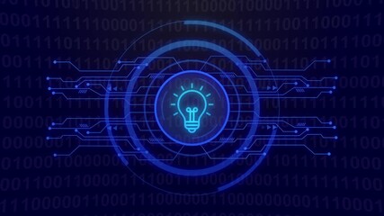 Futuristic digital background with binary code and glowing blue lightbulb icon technology abstract