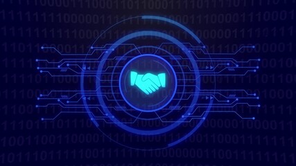 Digital abstract background with binary code and glowing blue handshake icon technology