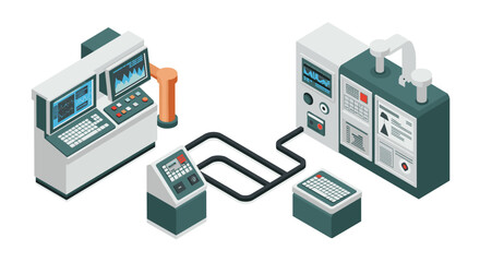 Advanced isometric control room technology with industrial equipment and data screens