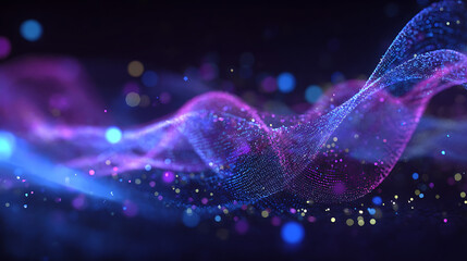 Stunning vibrant digital particle wave flows with captivating blue and purple light, perfect for modern technology and data visualization.
