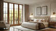 © tu - Modern chic Paris bedroom combining vintage charm with minimalist art, luxurious fabrics, and sunlight streaming through open French doors overlooking city rooftops.