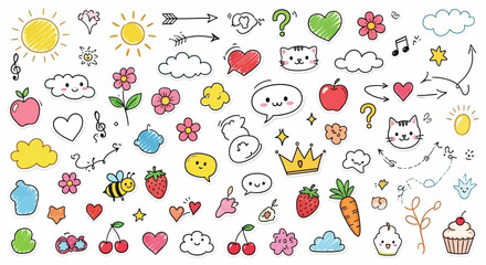 Line cute element set. Hand drawn scribble heart, arrow, flower and cloud elements for a cute line simple background. Doodle sketch heart, star, cloud cartoon sticker shapes. Vector illustration