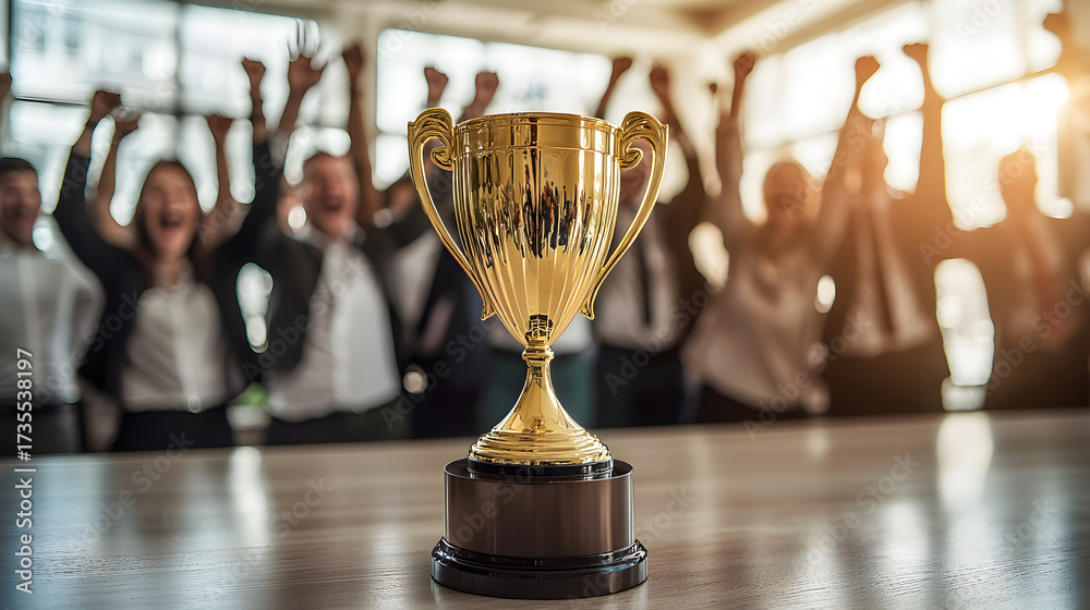 Business success concept with golden cup award on office desk, blurred ...