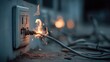 © Mariia - Close-up of electric cable sparking in outlet, symbolizing fire hazard and electrical safety risk. Concept of danger, energy, prevention, and household accident