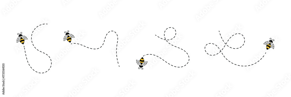 Bumble bee dash line, cute honey bee with dotted lines on white ...