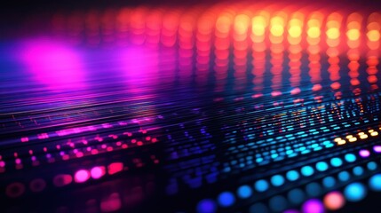 Laser interference patterns creating vibrant light wave diffraction with colorful spectrum bands and bokeh effects on dark background for scientific visualization