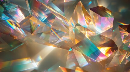 Coherent beam interference through multiple crystal prisms creating spectacular rainbow light diffraction patterns with geometric surfaces and optical wave effects