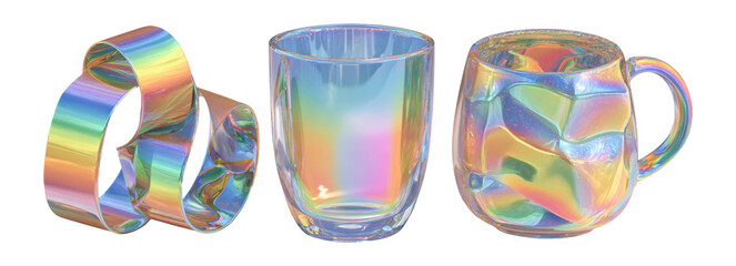 Colorful Transparent Objects with Iridescent Finish on Isolated Background