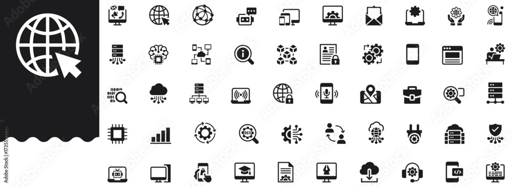 Information Technology solid icon set features network, cloud computing ...
