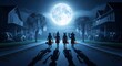 © nuyirdna - Four children in Halloween costumes walking down a street with houses ghosts and a full moon