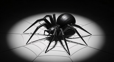 A dramatic black and white illustration of a large shiny spider sitting on its web illuminated by a single spotlight. Halloween Decoration Theme Halloween Decoration Theme