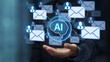 © tadamichi - AI-powered email marketing solution. AI-optimized and personalized mail writing. Businessperson holding artificial intelligence icon.
