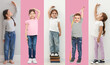 © New Africa - Cute children measuring their heights near white wall and pink background, collage of portraits