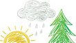 © Miss - Hand drawn weather elements including sun cloud rain and tree simple illustration for kids books or educational materials