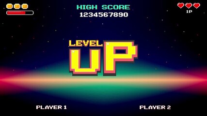 Wall Mural - LEVEL UP icon. Pixel art. retro game. Retro Futurism Sci-Fi Background. glowing neon grid and stars from vintage arcade computer games