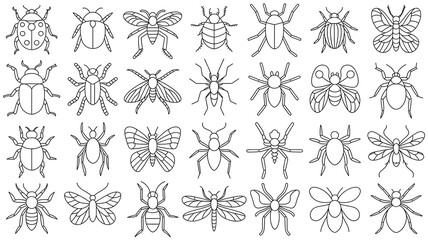 “Minimalist black-and-white line drawings, 30 insect silhouettes in grid, precise outlines, symmetrical, monochromatic composition