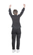 © 1STunningART - Rear view full length portrait of successful young woman raising hands up celebrating an achievement. Contented female isolated on transparent background