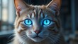 © ICON+JPG - A mesmerizing closeup of a cat with piercing blue eyes, radiating an otherworldly glow, capturing the essence of feline mystique and beauty