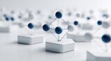 3D Rendered Hexagonal Structures with Blue and White Spheres on White Platforms