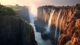 Majestic Victoria Falls at Sunset in Zambia showcasing cascading water and canyon in warm light