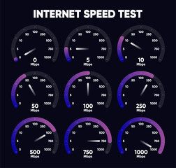 Internet download and upload speed test gauge. Internet speed test software and network performance information. Internet connection speed test. Modern design for software. Vector illustration.