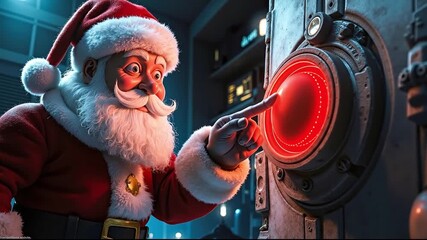 A santa claus pointing at a red light on a door