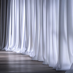 Wall Mural - Elegant white curtains cascading onto a wooden floor, creating a serene and airy ambiance perfect for interior design and peaceful home decor projects