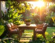 © David Andres - Patio trasero con mesa de comedor al aire libre, sillas de ratán, plantas tropicales, luz de atardecer, ambiente relajado y hogareño