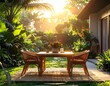© David Andres - Patio trasero con mesa de comedor al aire libre, sillas de ratán, plantas tropicales, luz de atardecer, ambiente relajado y hogareño